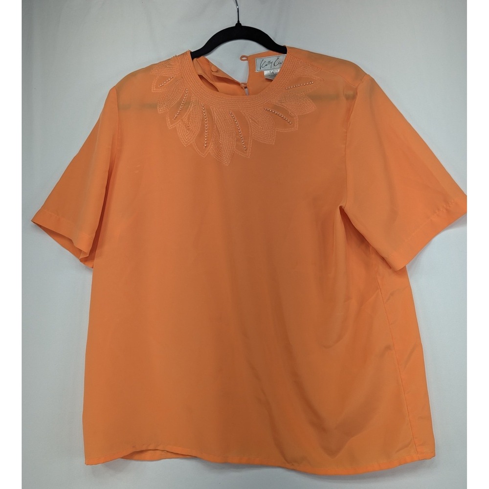 Cathy Chew Vintage Apricot Orange Embroidered Beaded Short Sleeve Blouse Size 14